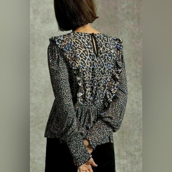 Anthropologie Bl^nk Moira Ruffled Peplum Leopard Print Top - Picture 3 of 10